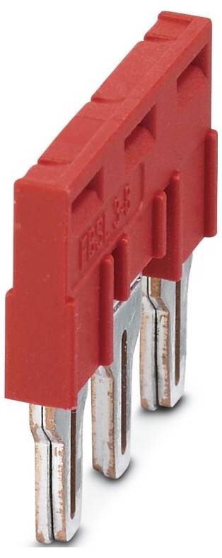 A red jumper shunt with three metal pins used for connecting adjacent pins on a circuit board to configure settings or features.