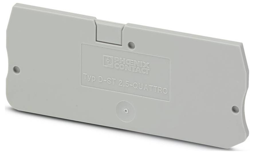 Rectangular gray terminal block end cover labeled 'Typ D-ST 2,5-QUATTRO', with a Phoenix Contact logo.