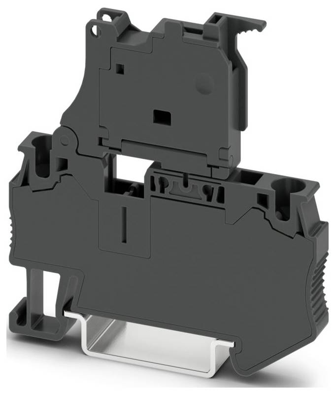 A black and gray modular terminal block with clamp connections, used in electrical installations for connecting and securing wires.