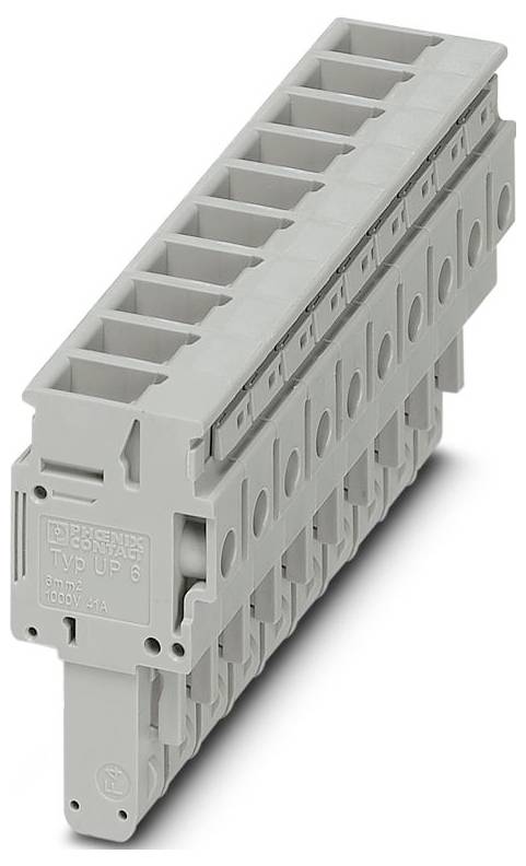 Gray, modular terminal block with multiple connection points for electrical wiring, featuring company logo and model number.