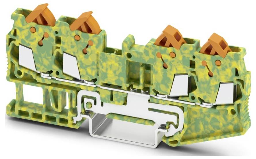 A terminal block in a green and yellow marbled pattern with orange levers, used for securing and organizing electrical wires.