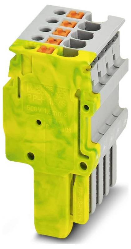 Electrical terminal block with yellow-green insulation and orange connectors, designed for securing multiple electrical wires.