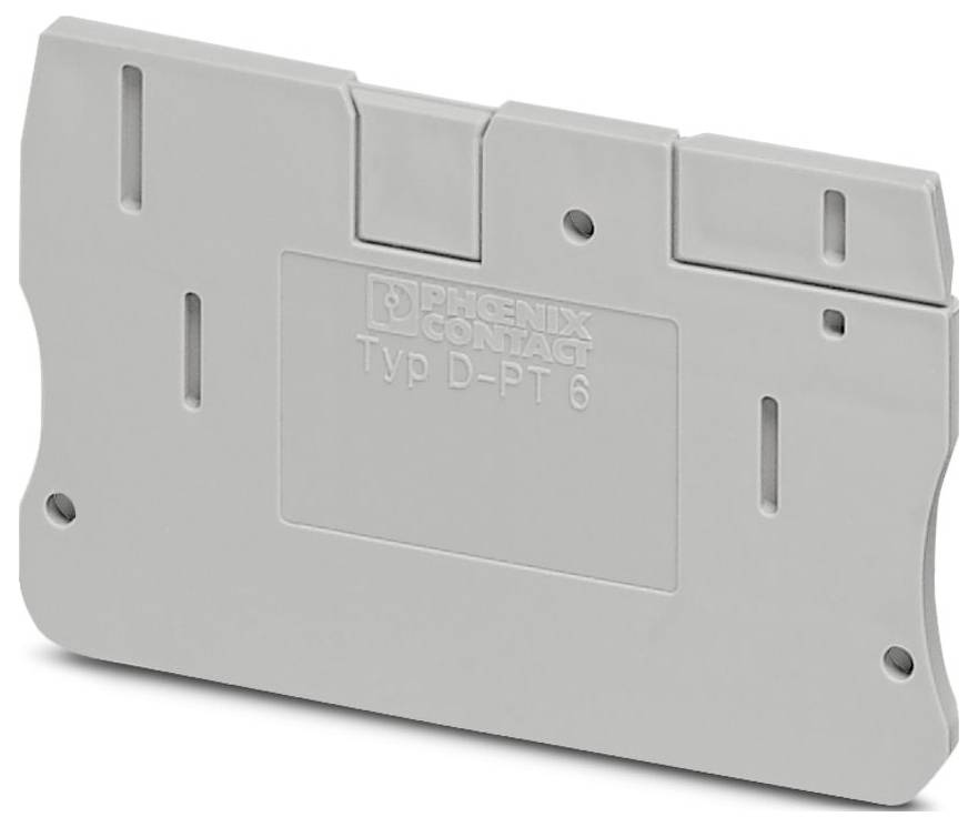 A gray Phoenix Contact Typ D-PT 6 terminal block end cover, featuring slots and a central embossed text area.