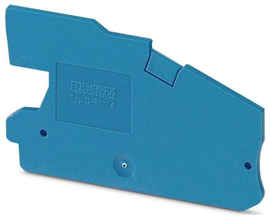 Blue plastic electrical mounting panel with 'PHOENIX CONTACT Typ D-PTN 4' text embossed on it, featuring notches and a screw hole.