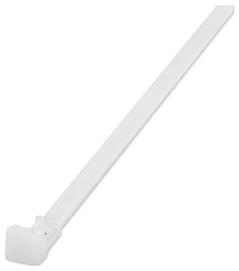 A white zip tie with a locking mechanism at one end, used for bundling cables or securing items.