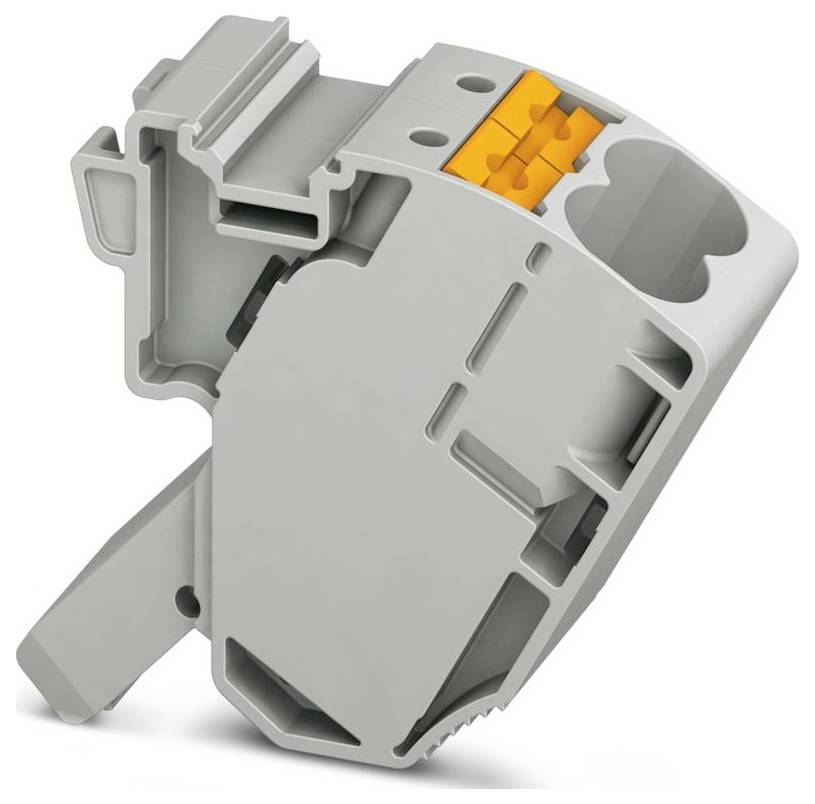 A gray end clamp with an orange lever used for mounting on a DIN rail, typically in electrical applications for securing terminal blocks.