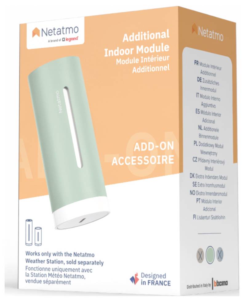'Netatmo Additional Indoor Module' product packaging showing a green module. Text states it's an add-on for a weather station, sold separately. Designed in France.