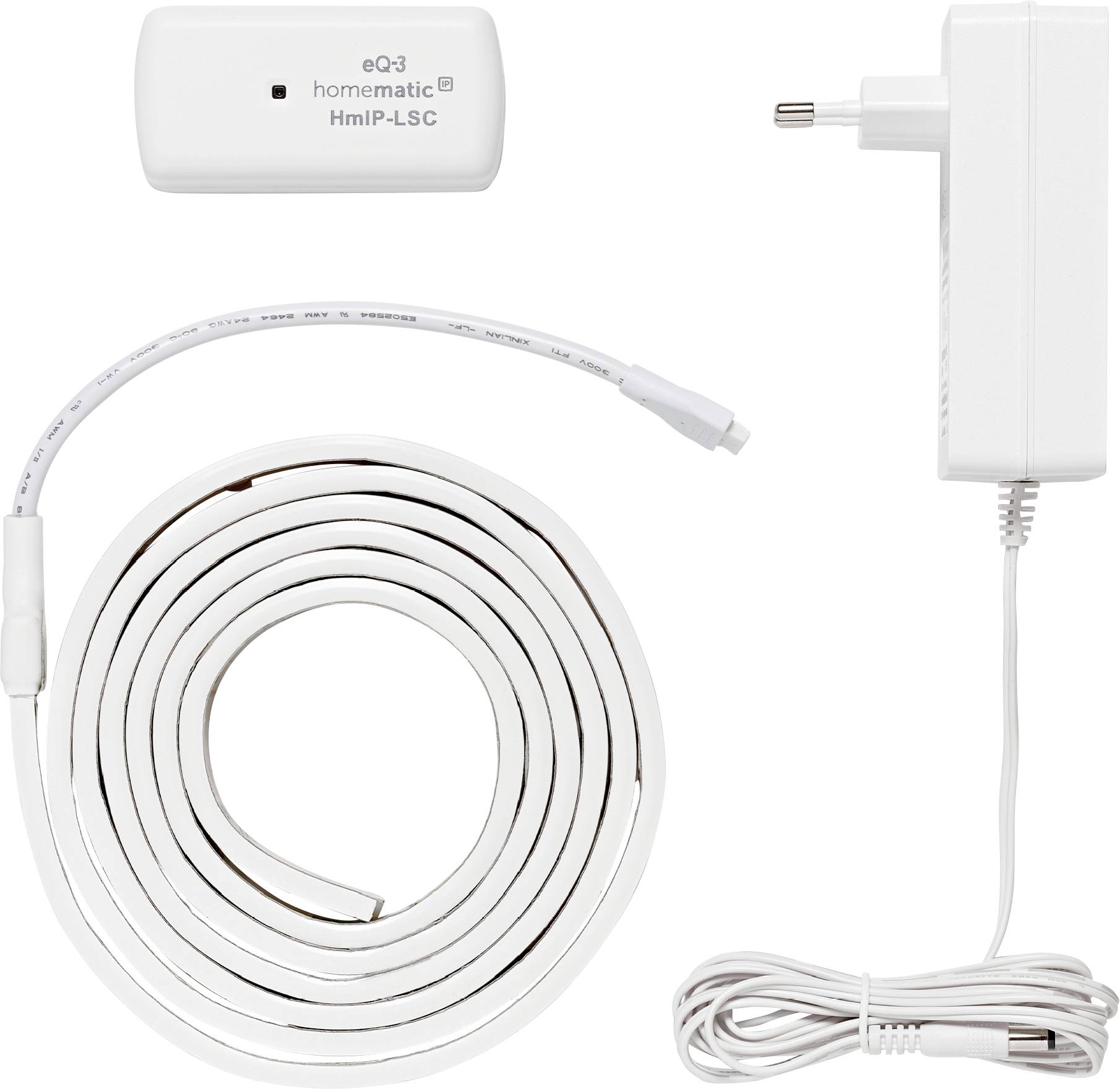 A smart home light control set including an LED strip, power adapter, and wireless control unit by eQ-3 Homematic.