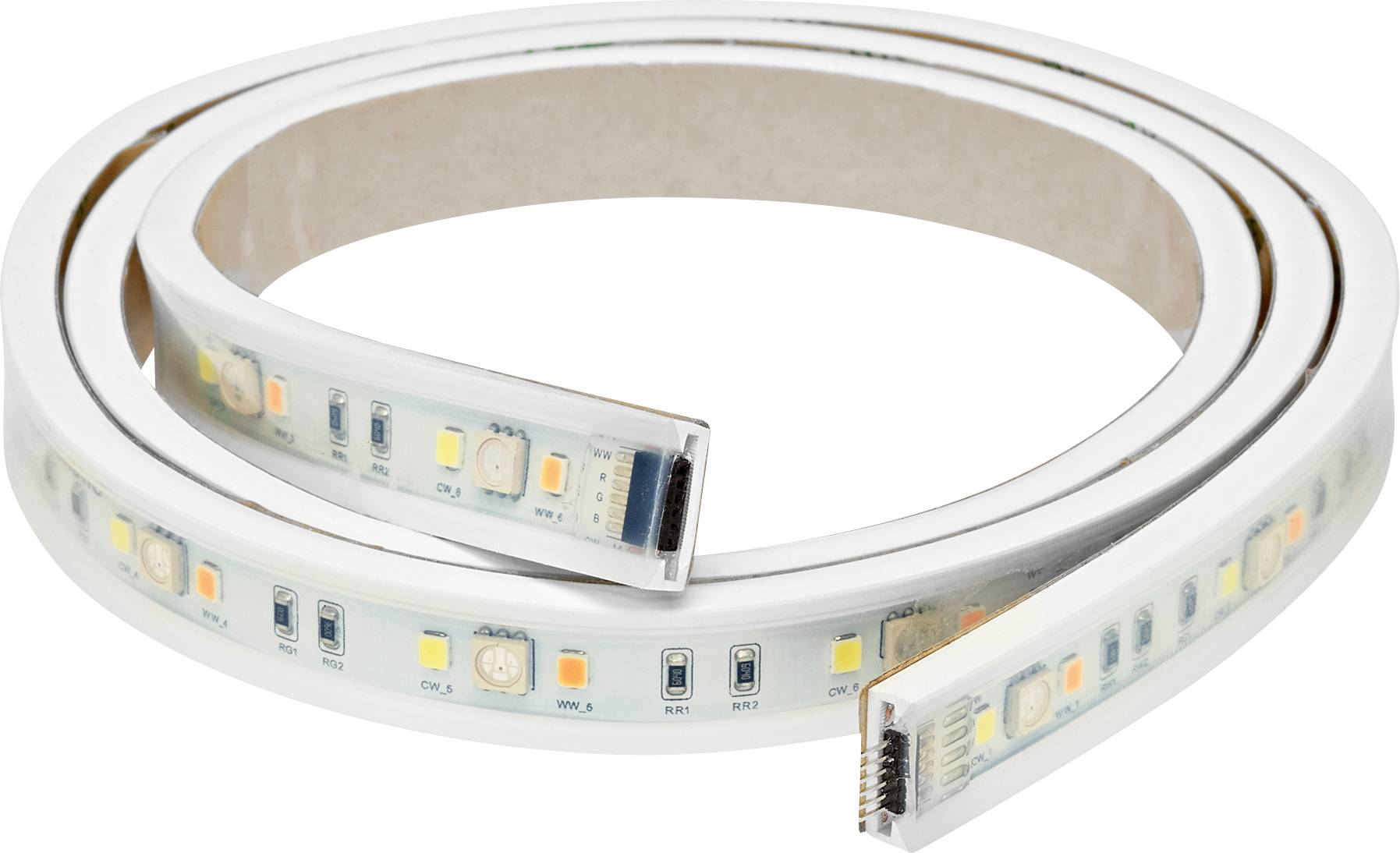 A coiled LED strip light with various colored diodes and connectors visible, used for customizable lighting solutions.
