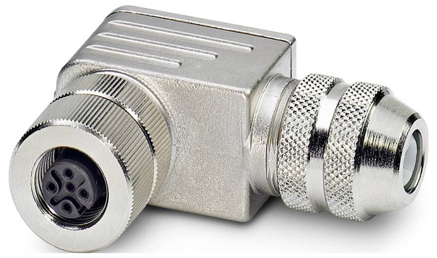 A polished metal right-angle circular connector with a knurled grip and four-pin configuration, designed for industrial applications.