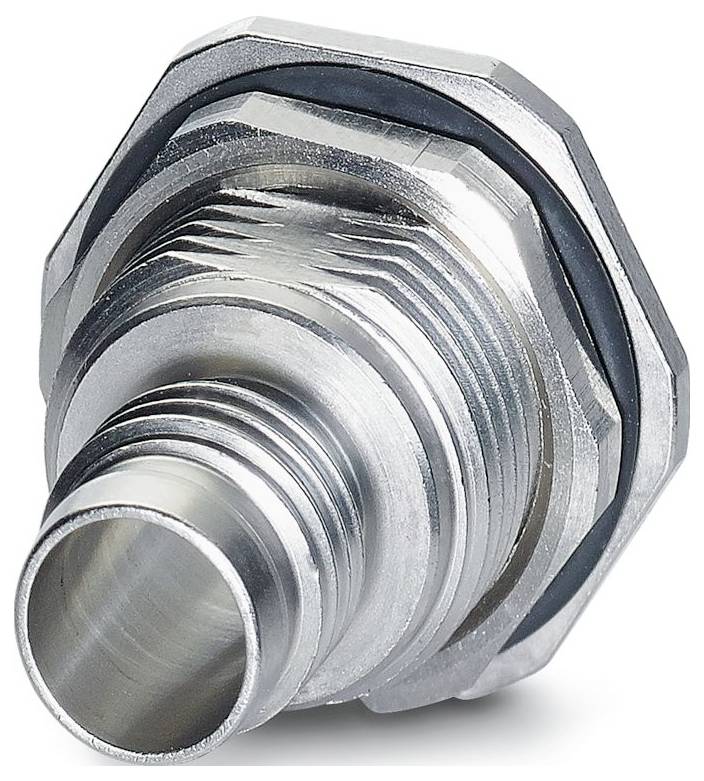 A metal hose fitting with a threaded end and hexagonal nut, designed for connecting hoses in industrial applications.