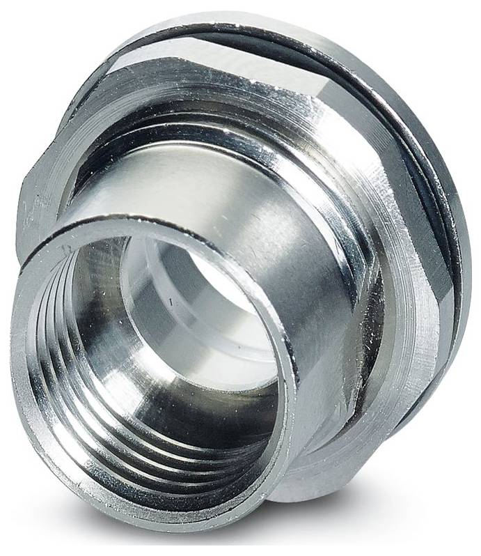 A metallic threaded coupling nut with a reflective surface, used for connecting conduit in electrical installations.