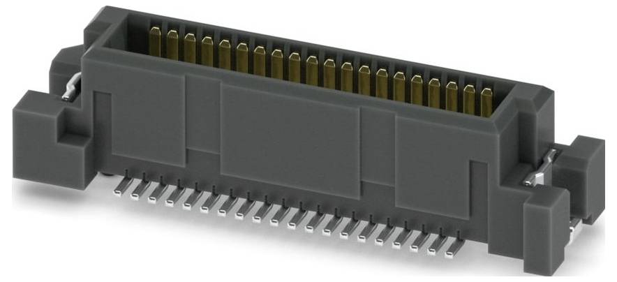 A black electronic connector with gold pins, designed for printed circuit boards, featuring dual rows of pins and side mounting clips.