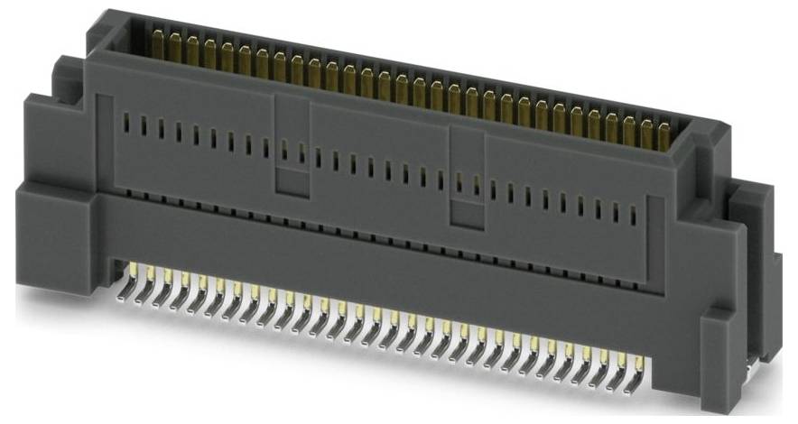 A black electrical connector with multiple parallel metal pins, used for electronic circuit connections.