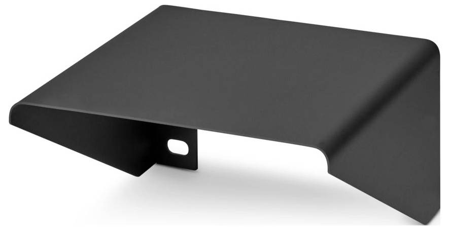 A black, angular metal bracket with rounded edges and a hole on one side, designed for wall mounting or shelving support.