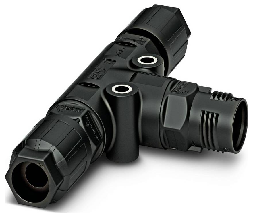 Black, T-shaped industrial connector with threaded ends and circular ports. Used for electrical or fluid connections in machinery.