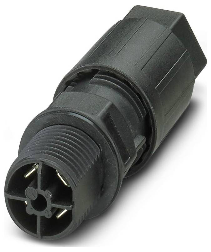A black electrical connector with a ridged grip and cylindrical shape, featuring four metal prongs inside and a hexagonal end.