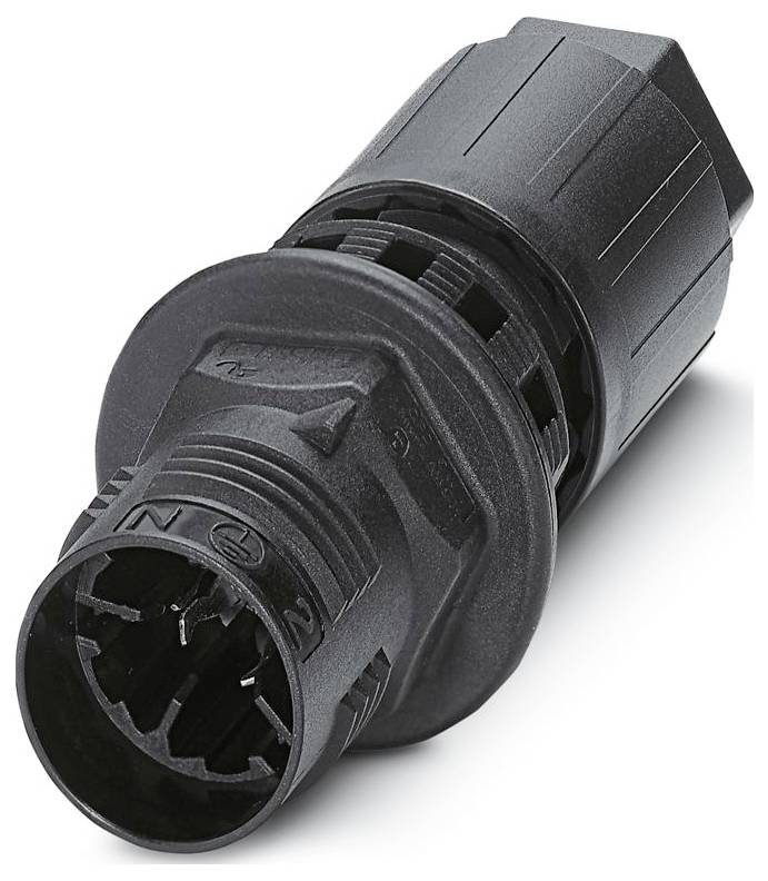 Black, cylindrical locking connector with grip and alignment features, designed for secure electrical connections in industrial settings.
