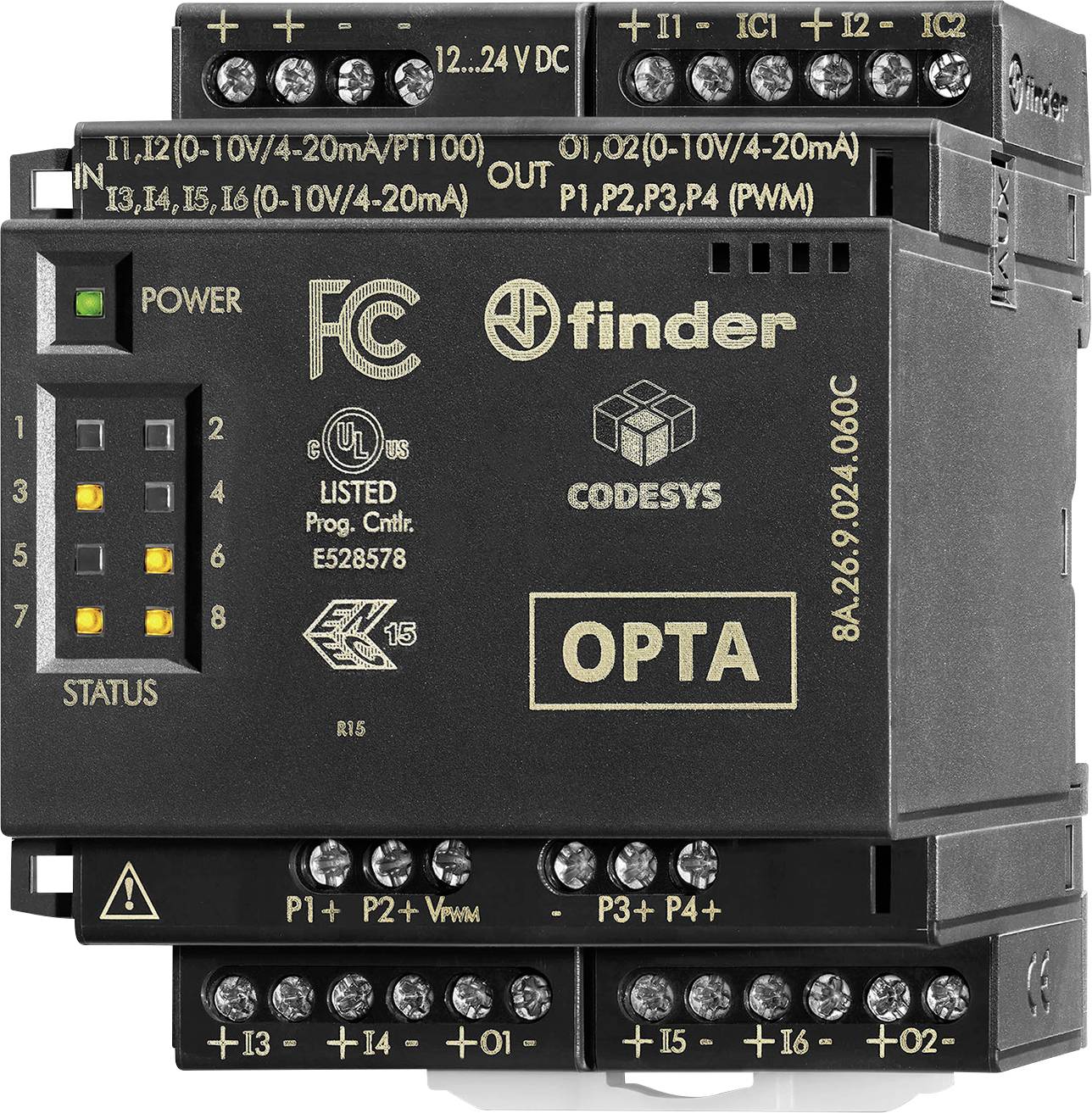 'Finder OPTA' labeled electronic device, possibly a PLC, with LEDs for power and status, numerous terminal connections, and safety certifications.