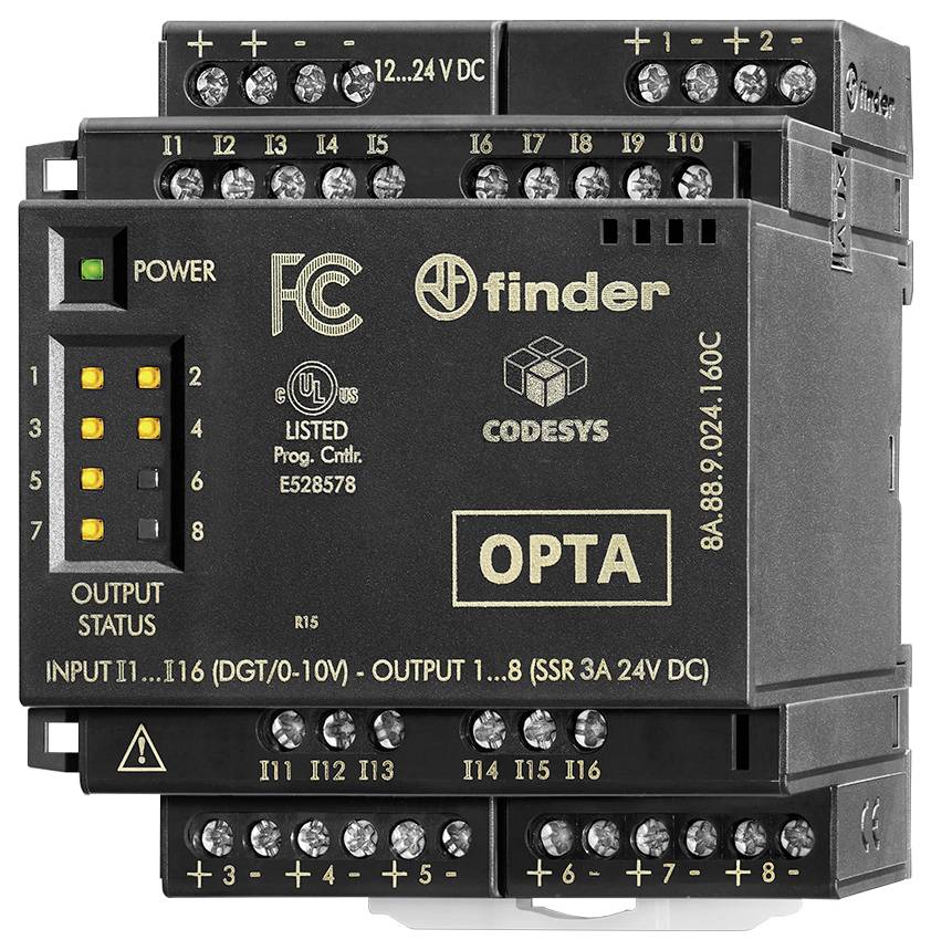 Finder OPTA programmable logic controller with multiple input and output terminals, LEDs indicating power and output status, suitable for 12-24V DC.