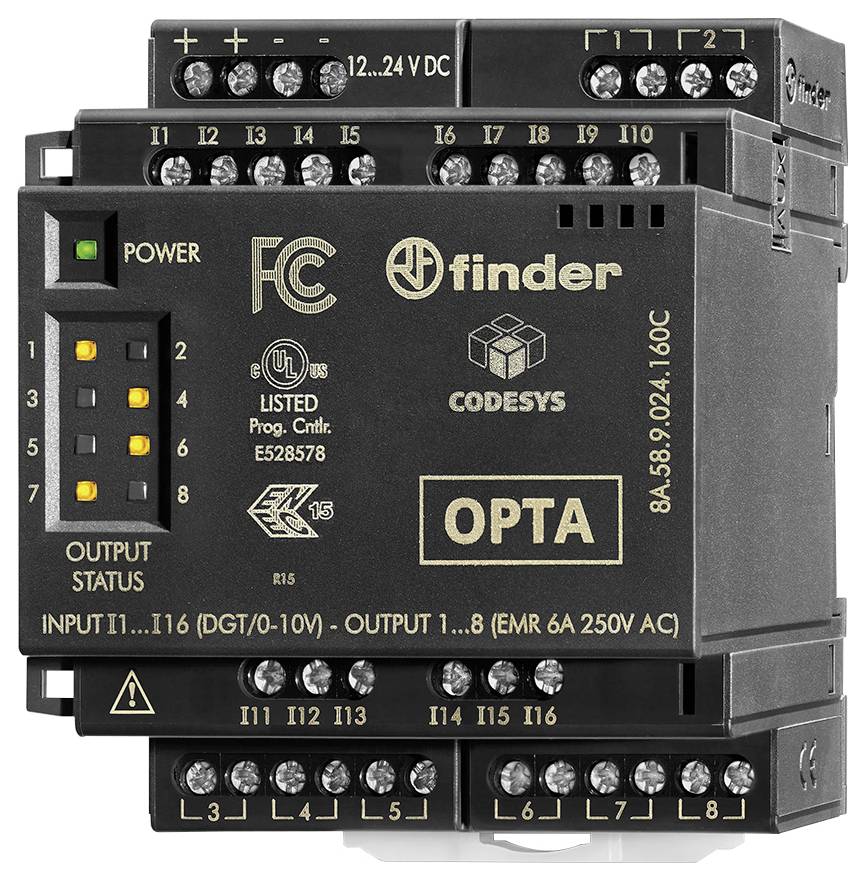A black electronic device labeled 'OPTA' with multiple connection terminals, indicators for power and output status, designed for automation tasks.