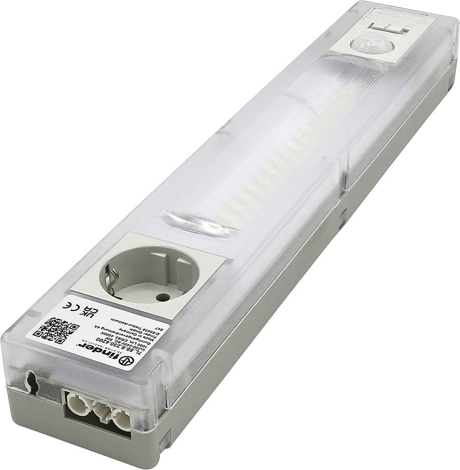 An LED light fixture with a transparent cover and attached power socket, designed for under-cabinet or workspace lighting.