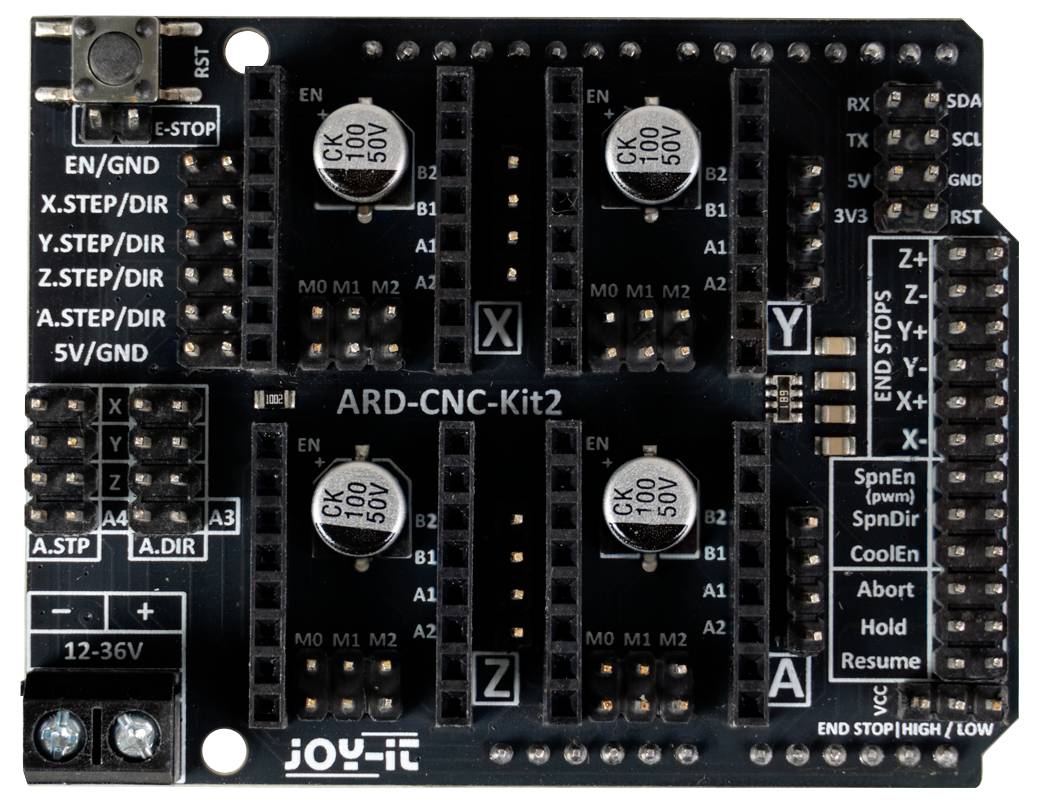 CNC shield with labeled stepper motor connections for X, Y, and Z axes and various control pins. It supports Arduino integration.