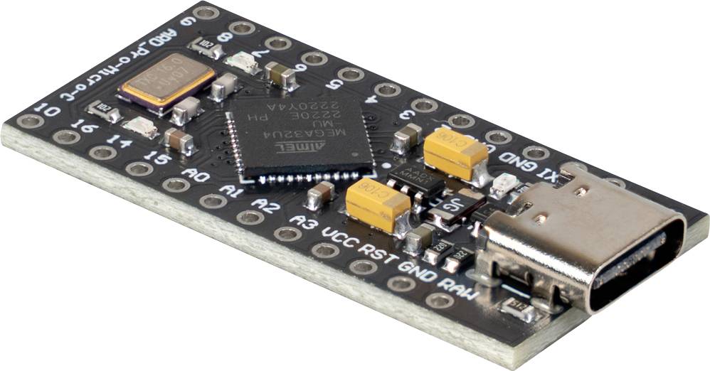 A tiny microcontroller development board featuring a USB-C port, several pin headers, and a central processing chip.