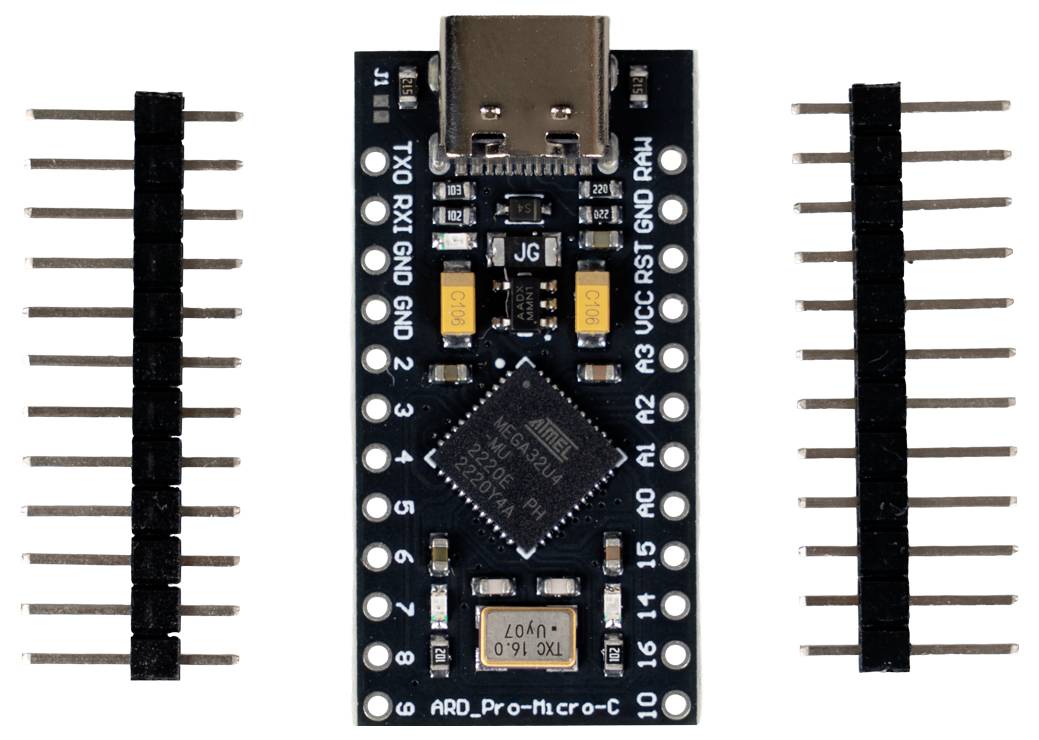 A microcontroller board with a USB connector at the top, surrounded by two sets of pin headers for connectivity and prototyping.