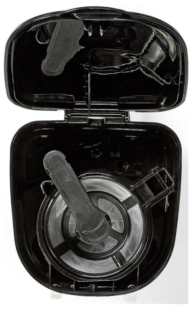 Top view of an open black coffee maker showing the internal filter and water inlet.