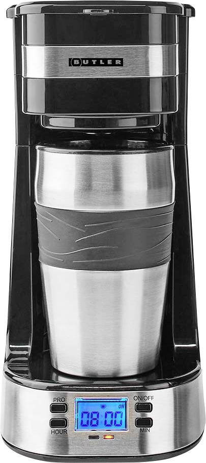 Single-serve coffee maker featuring stainless steel travel mug and digital control panel displaying '8:00' with buttons for programming.