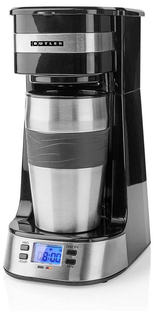 A black and silver single-serve coffee maker with a digital clock display showing '8:00'. It holds a stainless steel travel mug.