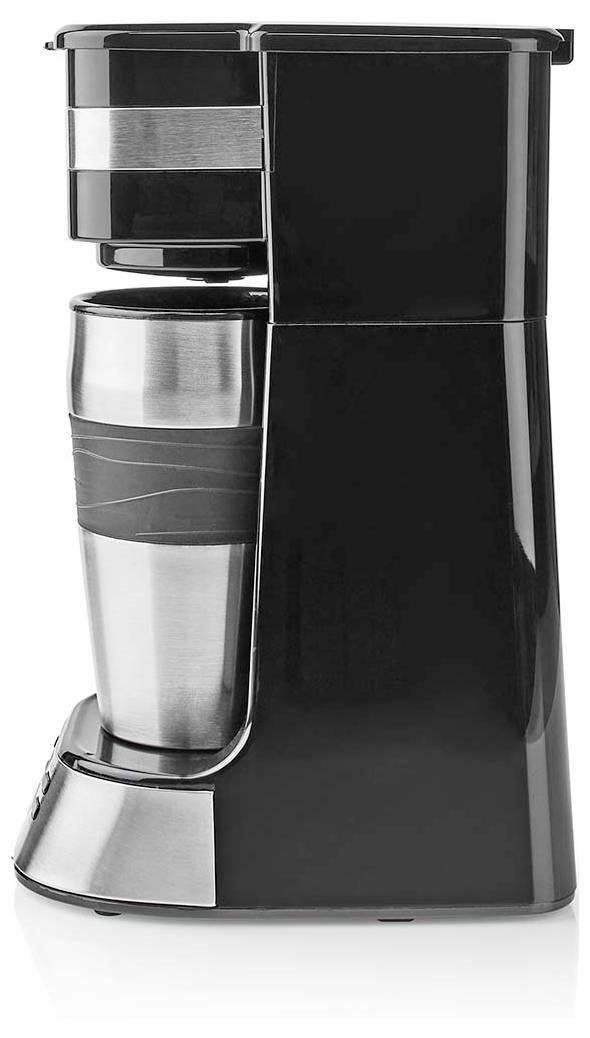 A sleek, black single-serve coffee maker with a stainless steel travel mug positioned in place, ready for brewing.