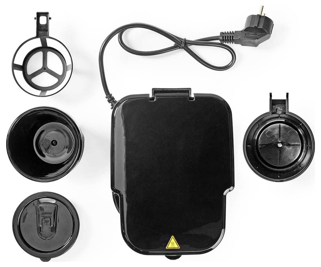 A black waffle maker with removable plates and a power cord. The plates and lids are arranged around the appliance for easy viewing.