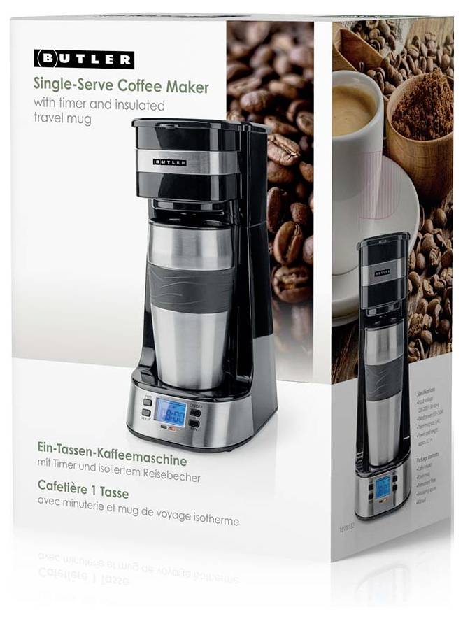 Single-Serve Coffee Maker with timer and insulated travel mug shown in a retail box. Coffee beans and brewed cup in the background.