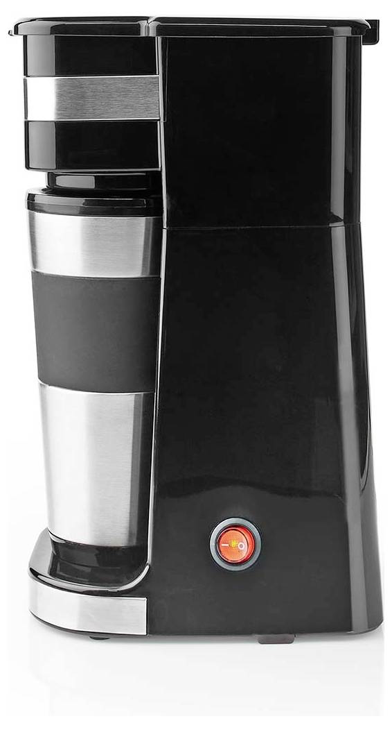 Single-serve coffee maker featuring a sleek black and stainless steel design with a red power button on the base.