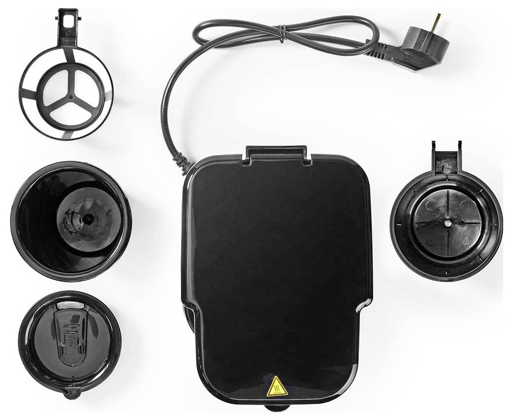 A set of detachable filters and a black electric coffee grinder with a power cord, arranged on a white background.