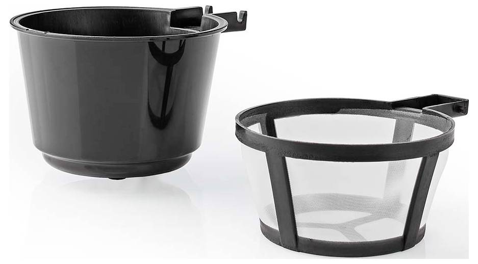 A black coffee filter holder and a mesh coffee filter are placed side by side on a white surface.