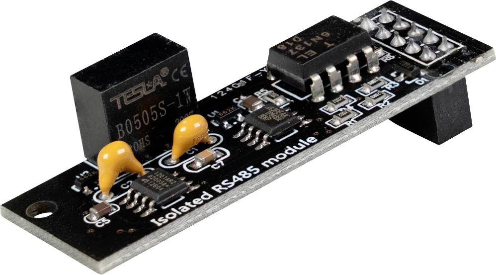 An isolated RS485 module circuit board with a black PCB, chip components, terminal pins, and mounting holes on a white background.