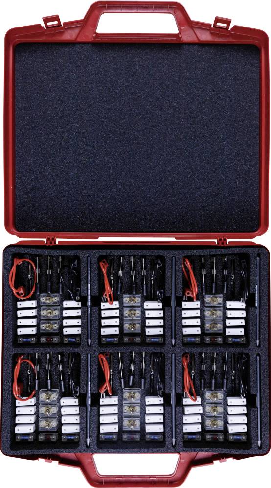 Red case containing multiple electrical testing tools and accessories, organized into sections with compartments for wires and gadgets.