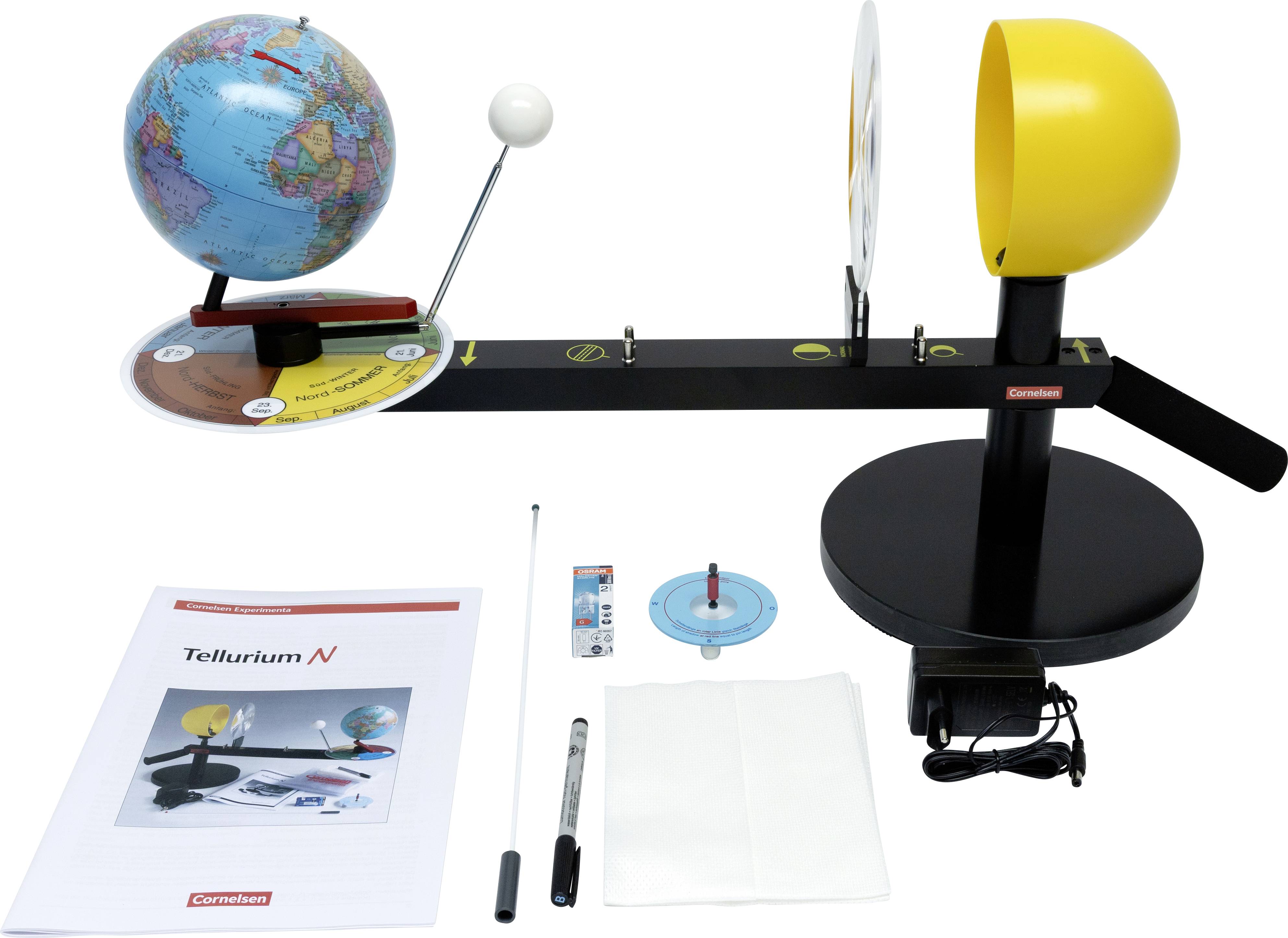 'Physical tellurium model': A tellurium apparatus for demonstrating Earth's rotation and revolution. Includes a globe, orbit indicators, and instructional materials.
