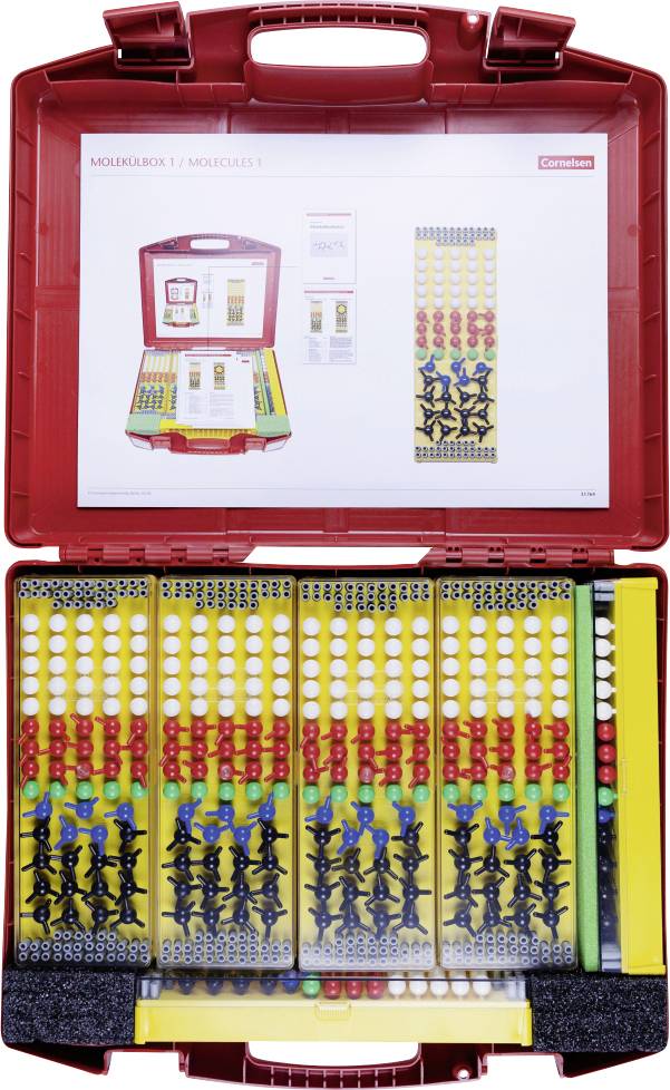 Instruction set for a structured board game with counters and dice in a red box; open view reveals components and game layout image.