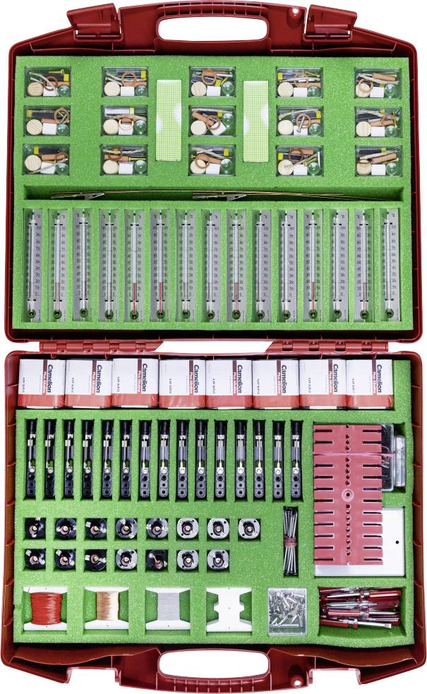 A red plastic case containing assorted electrical components and tools neatly organized in compartments with a green foam lining.