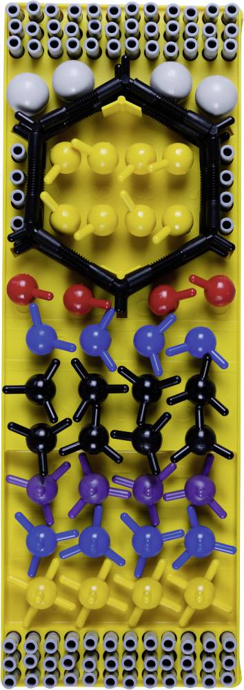 Colorful model representing a molecular structure with interconnected parts on a yellow base, featuring various shapes and colors.