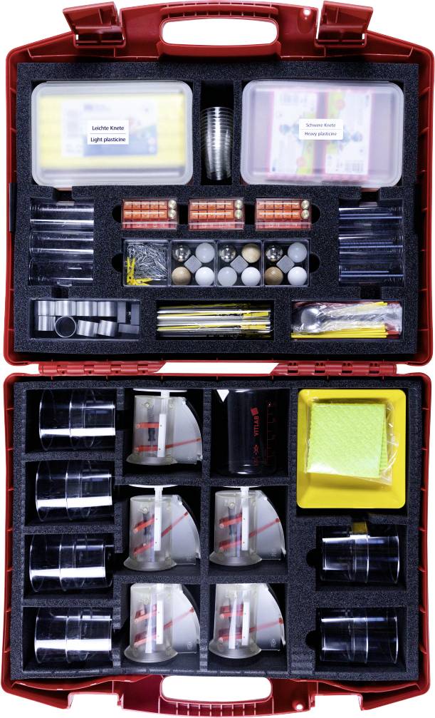 An organized kit with various science lab supplies, including test tubes, beakers, measuring cups, pipettes, and plastic containers.