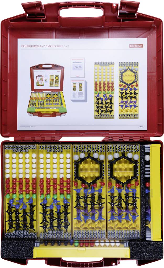 Open red carrying case showing an educational kit with various components organized in compartments, including panels with colored pegs and gears.