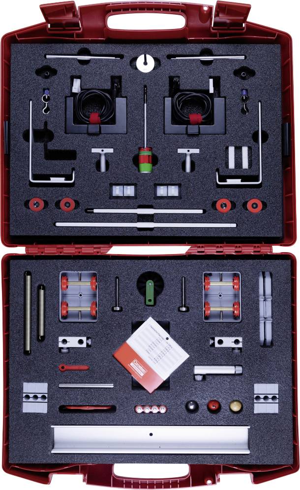 A red carrying case open to reveal neatly organized automotive tools and components in custom-fitted foam, showcasing assorted sockets, rods, and measuring devices.