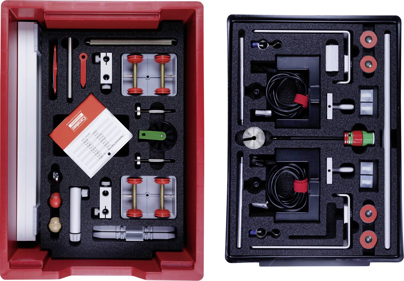 Physics laboratory equipment arranged in a foam-lined case, including pulleys, weights, rods, and clips for experiments.