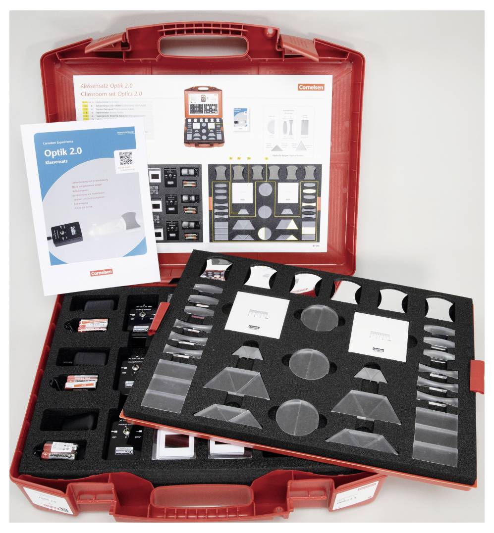 'A red case open to display an optical kit with various lenses, prisms, and a manual titled 