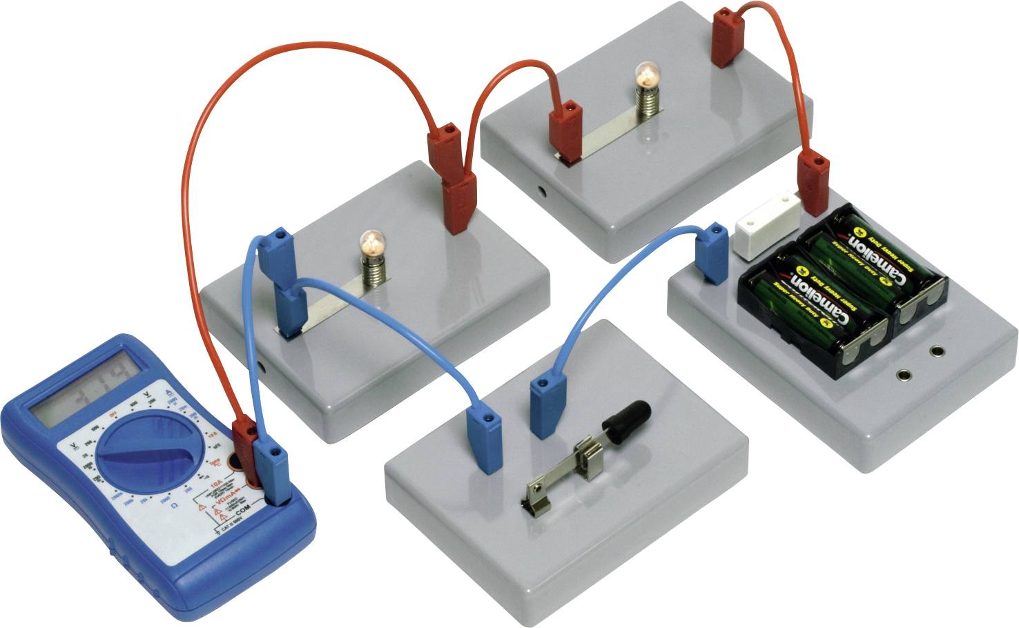A simple electrical circuit setup with a multimeter, wires, light bulbs, a fuse, and batteries connected across five platforms.